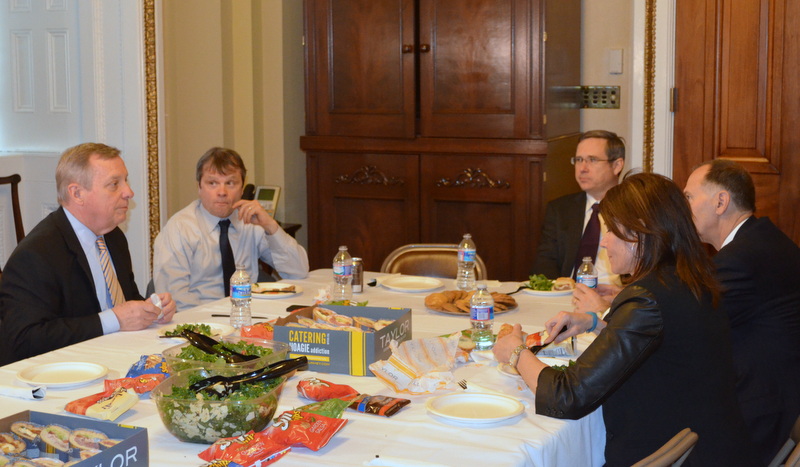 U.S. Senator Dick Durbin (D-IL) hosted Sen. Mark Kirk (R-IL), Rep. Bill Enyart (D-IL), Rep. Mike Quigley (D-IL), and Rep. Cheri Bustos (D-IL) for a luncheon. The group discussed the recent announcement of a Digital Manufacturing Lab in Chicago, and the benefits it will have across the state of Illinois.